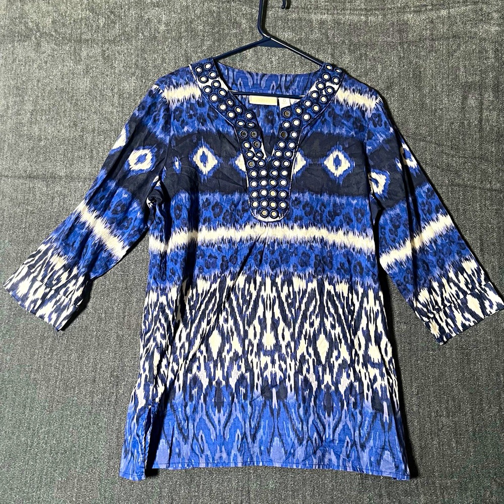 Chico's Women's 0 Blue White Ikat V-Neck 3/4 Sleeve Woven Pullover Blouse